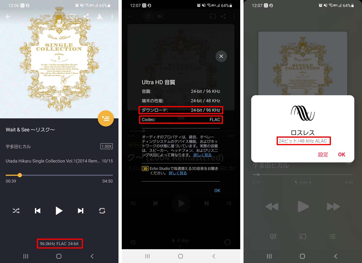 Amazon Music HDとApple Musicとe-onkyo music音質比較レビュー中の音源スペック表示
