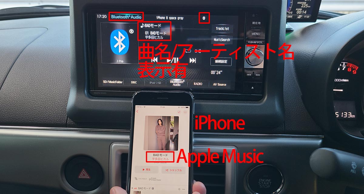 iPhoneとApple MusicのBluetooth接続で曲名/アーティスト名が表示可能の例