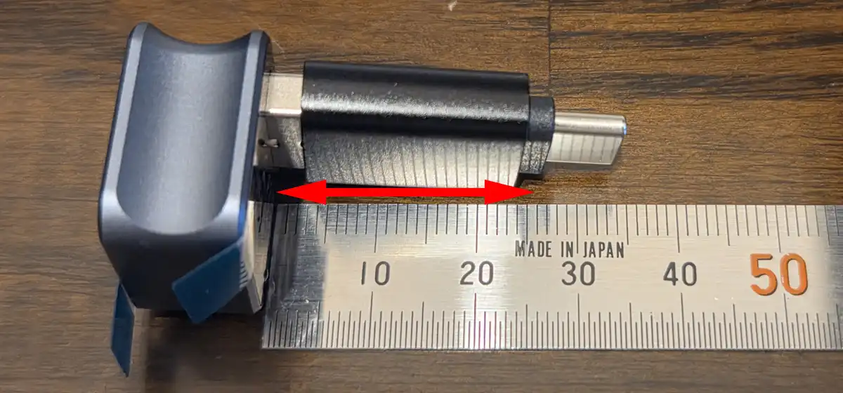 オットキャストミニにUSBタイプA-C変換アダプタ装着時の追加寸法25mm